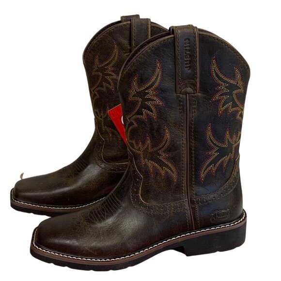 Justin Other - Justin Kids Rugged Tan Buffalo Western Boots 4.5D Embroidered Square Toe SK4681